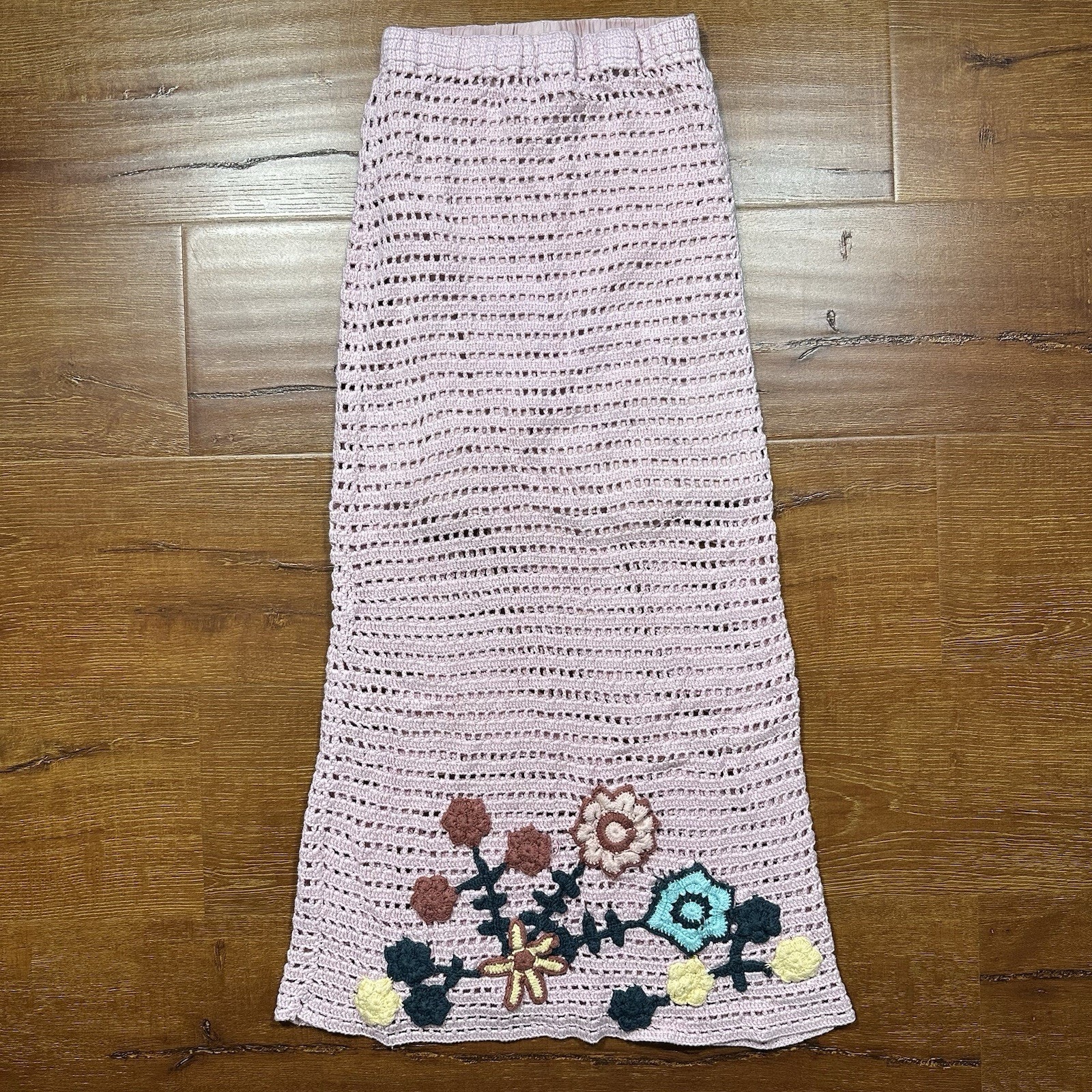 Chasing Unicorns Crochet Skirt Xs Pink Floral Flowers Maxi Elastic Waist Retro